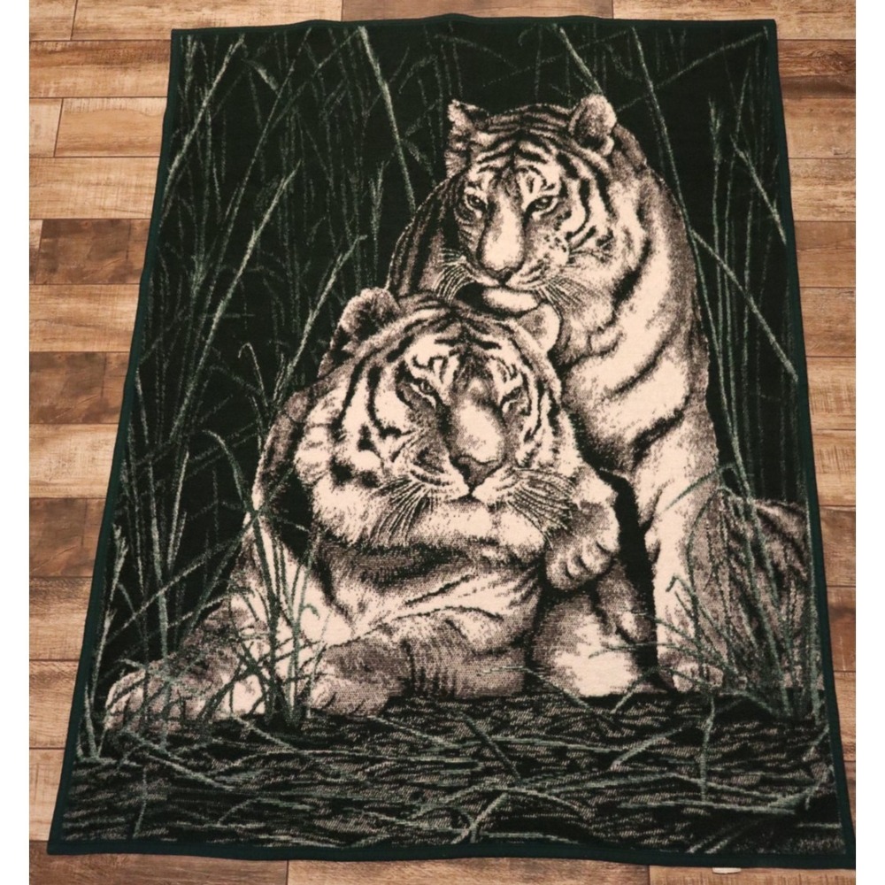 Vintage‎ Biederlack Blanket Throw USA Made Green Tigers Acrylic Blend 68x52